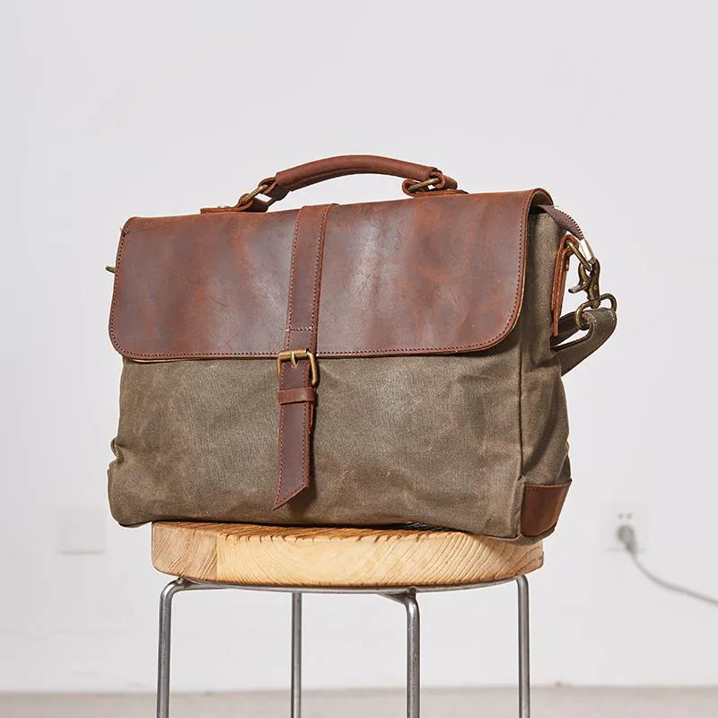 Waxed Canvas Leather Mens 14 inches Messenger Bag Briefcase Courier Side Bag for Men