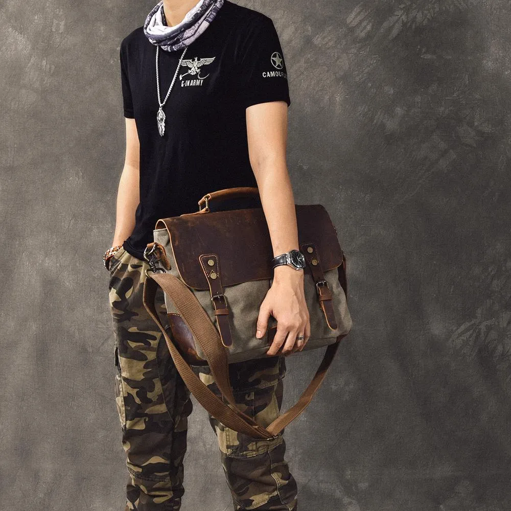 Waxed Canvas Leather Mens 14" Large Side Bag Green Postman Bag Messenger Bag For Men