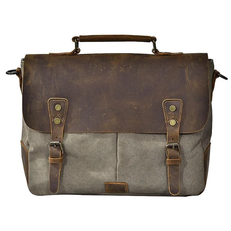 Waxed Canvas Leather Mens 14" Large Side Bag Green Postman Bag Messenger Bag For Men