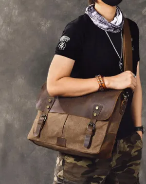 Waxed Canvas Leather Mens 14" Large Side Bag Green Postman Bag Messenger Bag For Men