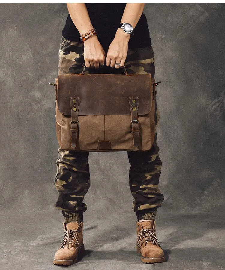 Waxed Canvas Leather Mens 14" Large Side Bag Green Postman Bag Messenger Bag For Men