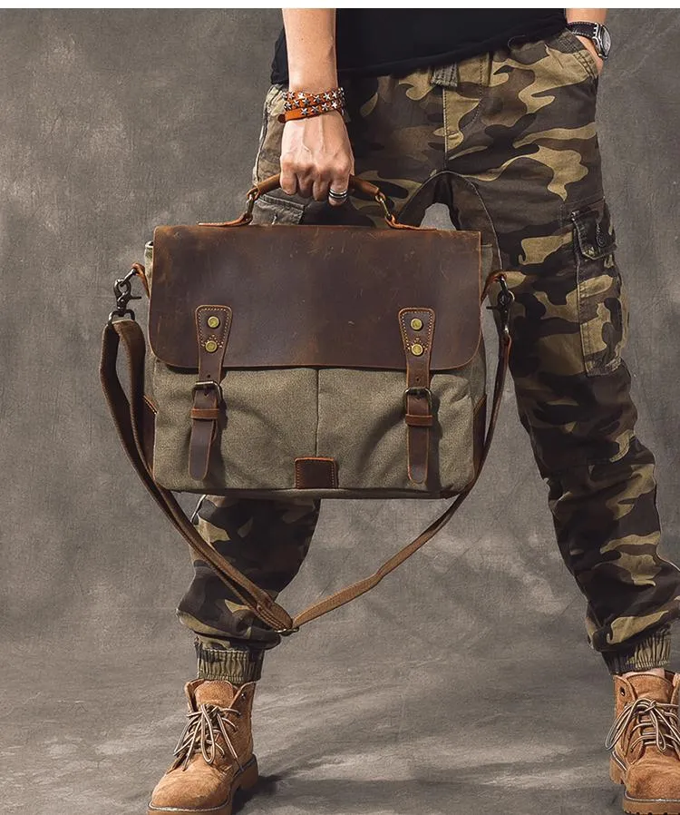 Waxed Canvas Leather Mens 14" Large Side Bag Green Postman Bag Messenger Bag For Men