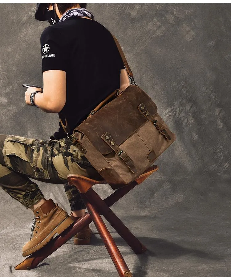 Waxed Canvas Leather Mens 14" Large Side Bag Green Postman Bag Messenger Bag For Men