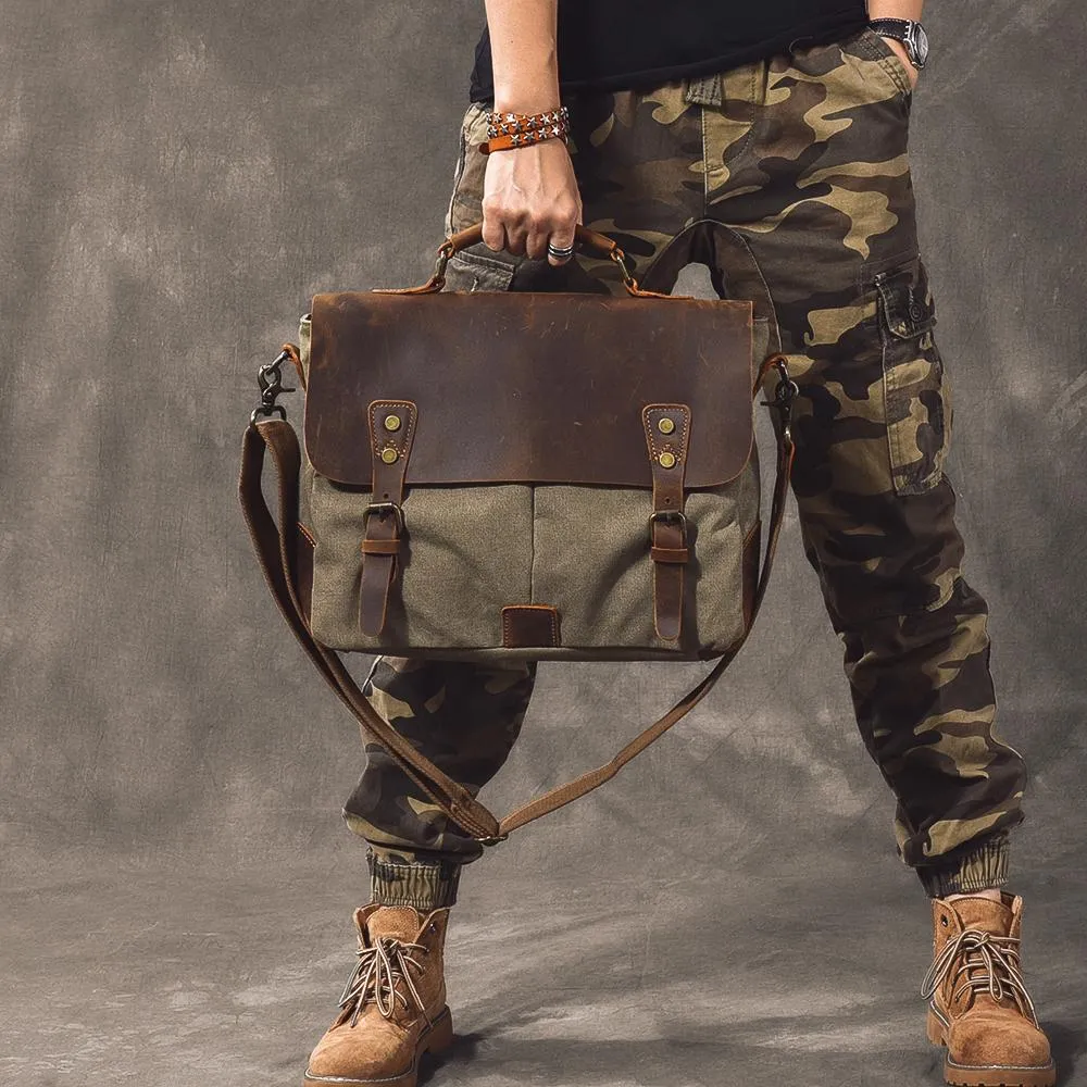 Waxed Canvas Leather Mens 14" Large Side Bag Green Postman Bag Messenger Bag For Men