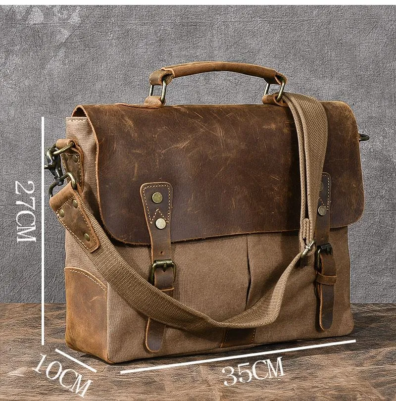 Waxed Canvas Leather Mens 14" Large Side Bag Green Postman Bag Messenger Bag For Men