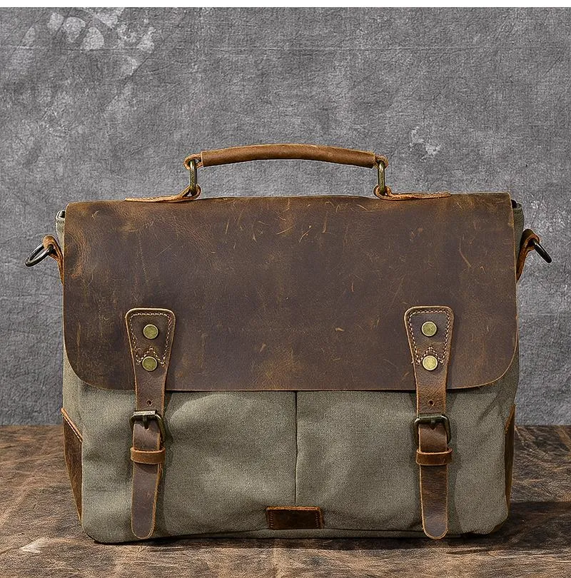 Waxed Canvas Leather Mens 14" Large Side Bag Green Postman Bag Messenger Bag For Men