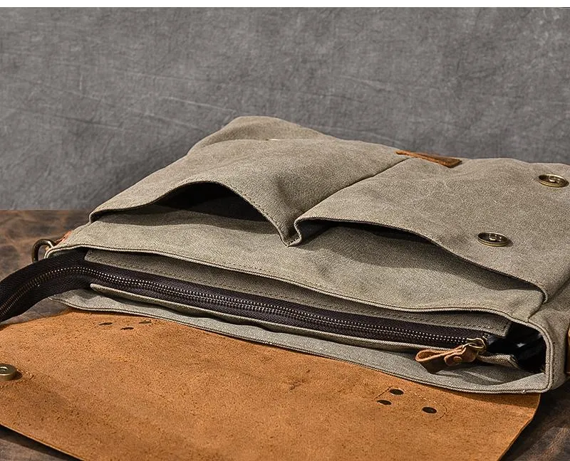 Waxed Canvas Leather Mens 14" Large Side Bag Green Postman Bag Messenger Bag For Men