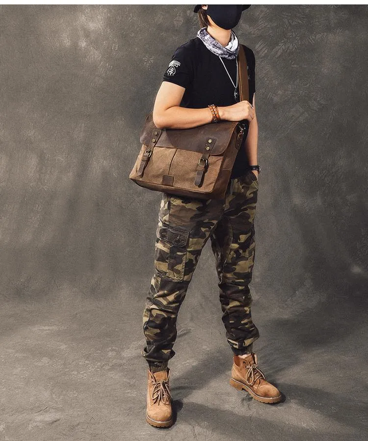 Waxed Canvas Leather Mens 14" Large Side Bag Green Postman Bag Messenger Bag For Men