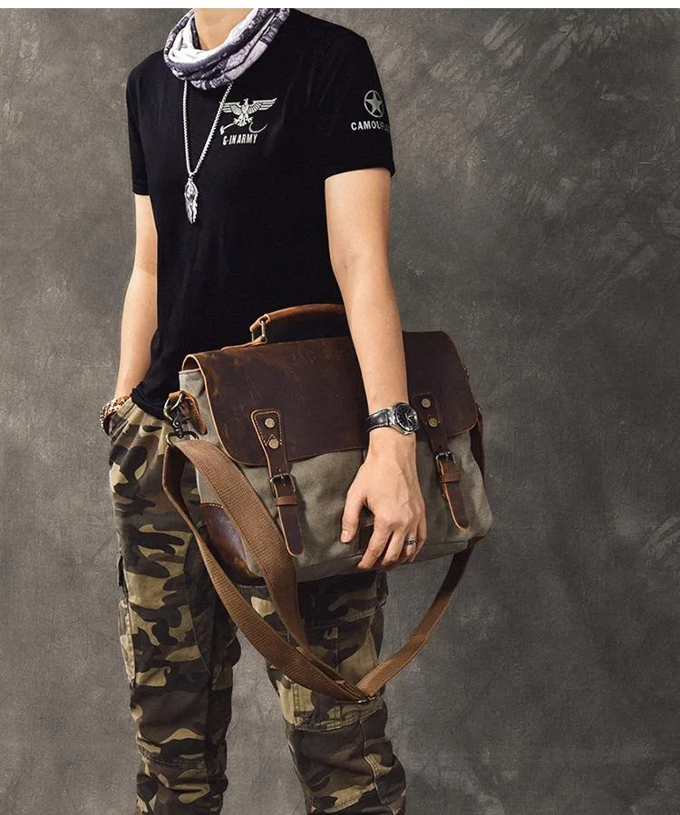 Waxed Canvas Leather Mens 14" Large Side Bag Green Postman Bag Messenger Bag For Men