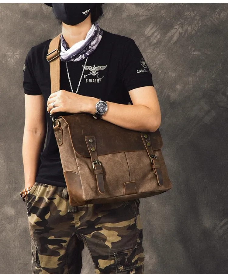 Waxed Canvas Leather Mens 14" Large Side Bag Green Postman Bag Messenger Bag For Men
