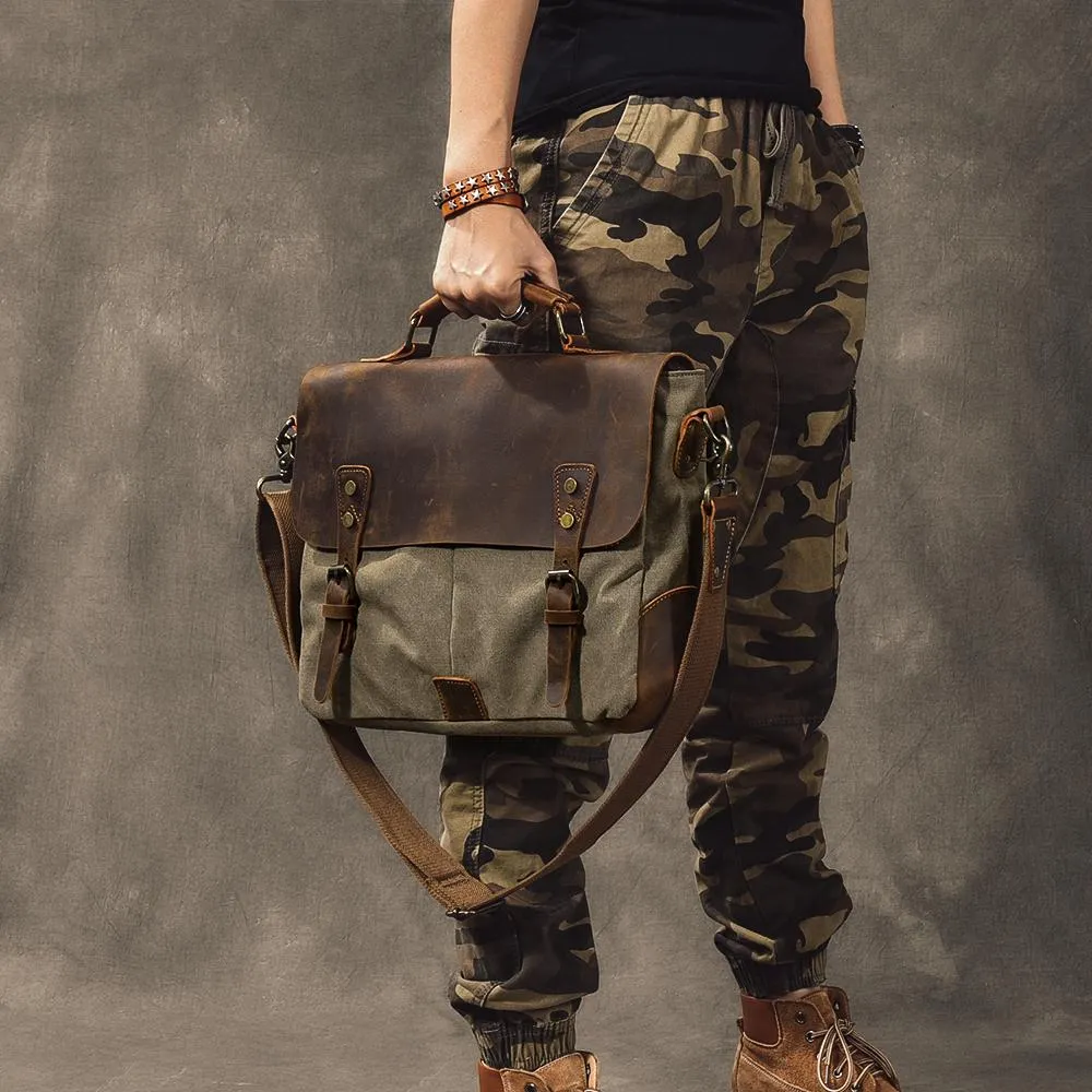 Waxed Canvas Leather Mens 14" Large Side Bag Green Postman Bag Messenger Bag For Men