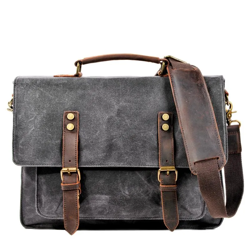 Waxed Canvas Leather Mens Green Casual 14???? Briefcase Handbag Messenger Bag Side Bag For Men