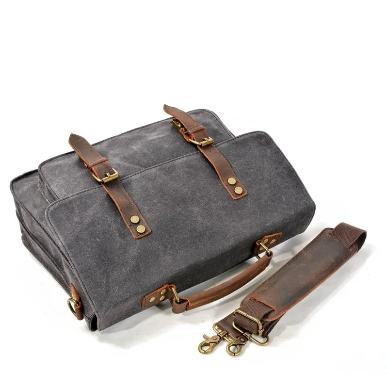 Waxed Canvas Leather Mens Green Casual 14???? Briefcase Handbag Messenger Bag Side Bag For Men