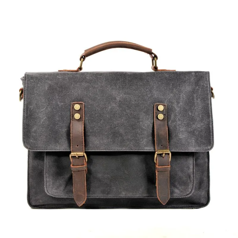 Waxed Canvas Leather Mens Green Casual 14???? Briefcase Handbag Messenger Bag Side Bag For Men