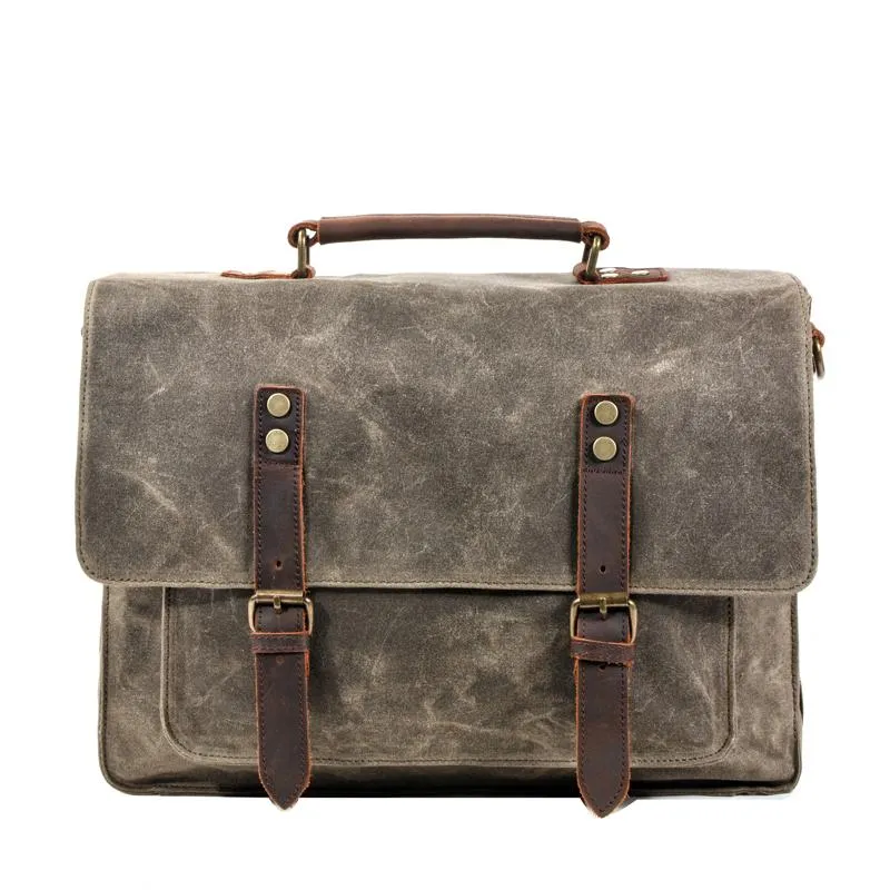 Waxed Canvas Leather Mens Green Casual 14???? Briefcase Handbag Messenger Bag Side Bag For Men