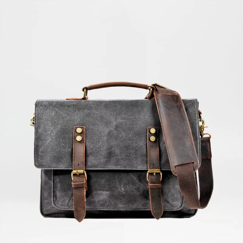 Waxed Canvas Leather Mens Green Casual 14???? Briefcase Handbag Messenger Bag Side Bag For Men