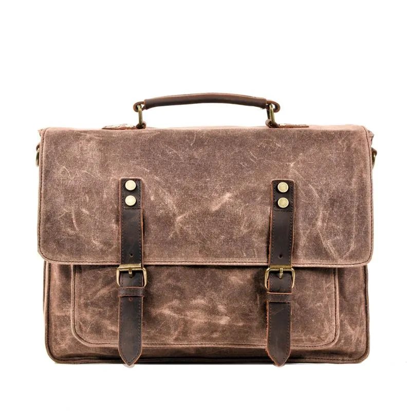Waxed Canvas Leather Mens Green Casual 14???? Briefcase Handbag Messenger Bag Side Bag For Men