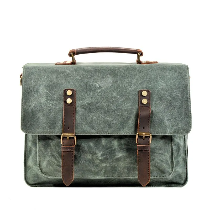 Waxed Canvas Leather Mens Green Casual 14???? Briefcase Handbag Messenger Bag Side Bag For Men