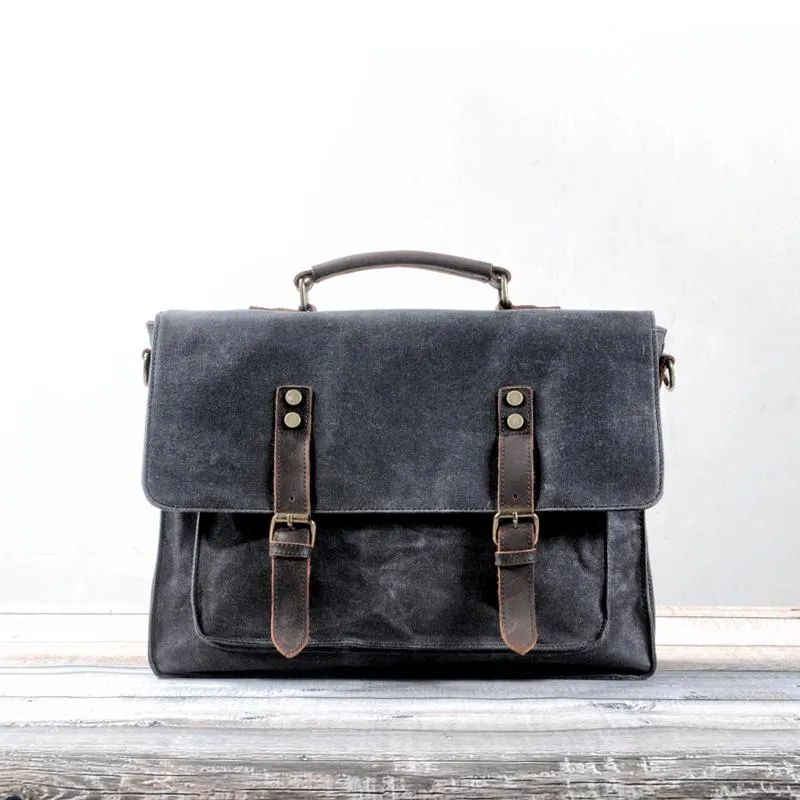 Waxed Canvas Leather Mens Green Casual 14???? Briefcase Handbag Messenger Bag Side Bag For Men