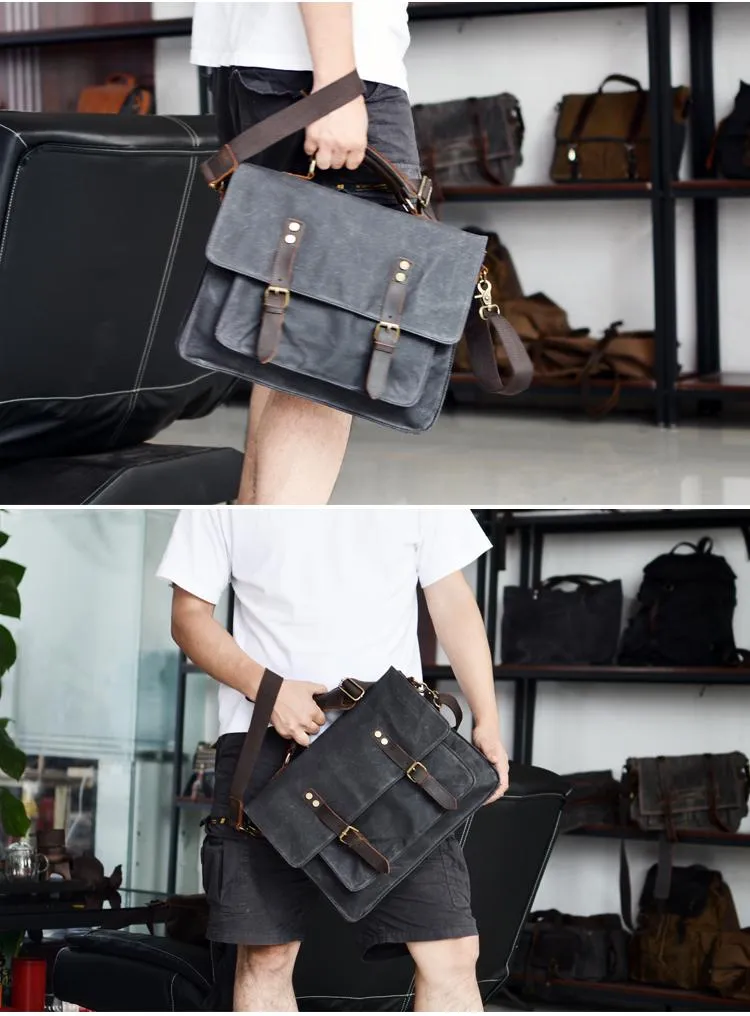 Waxed Canvas Leather Mens Green Casual 14???? Briefcase Handbag Messenger Bag Side Bag For Men