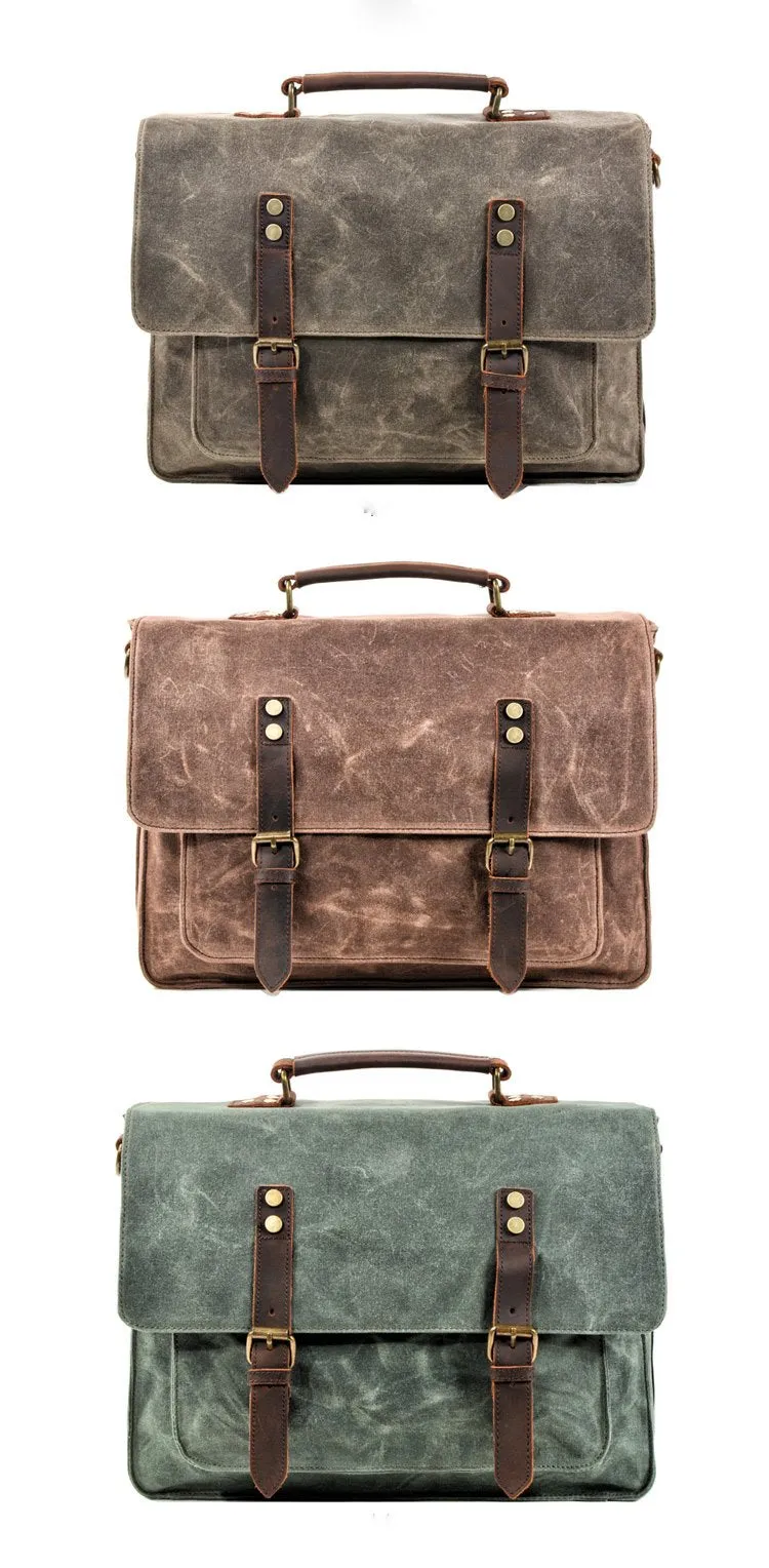 Waxed Canvas Leather Mens Green Casual 14???? Briefcase Handbag Messenger Bag Side Bag For Men